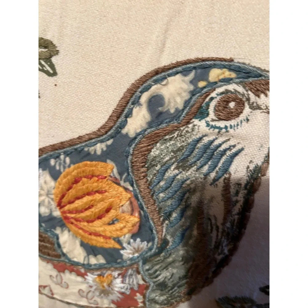 Pottery Barn Embroidered Bird Floral Throw Pillow 20x20 Blue Cream Cotton Decor